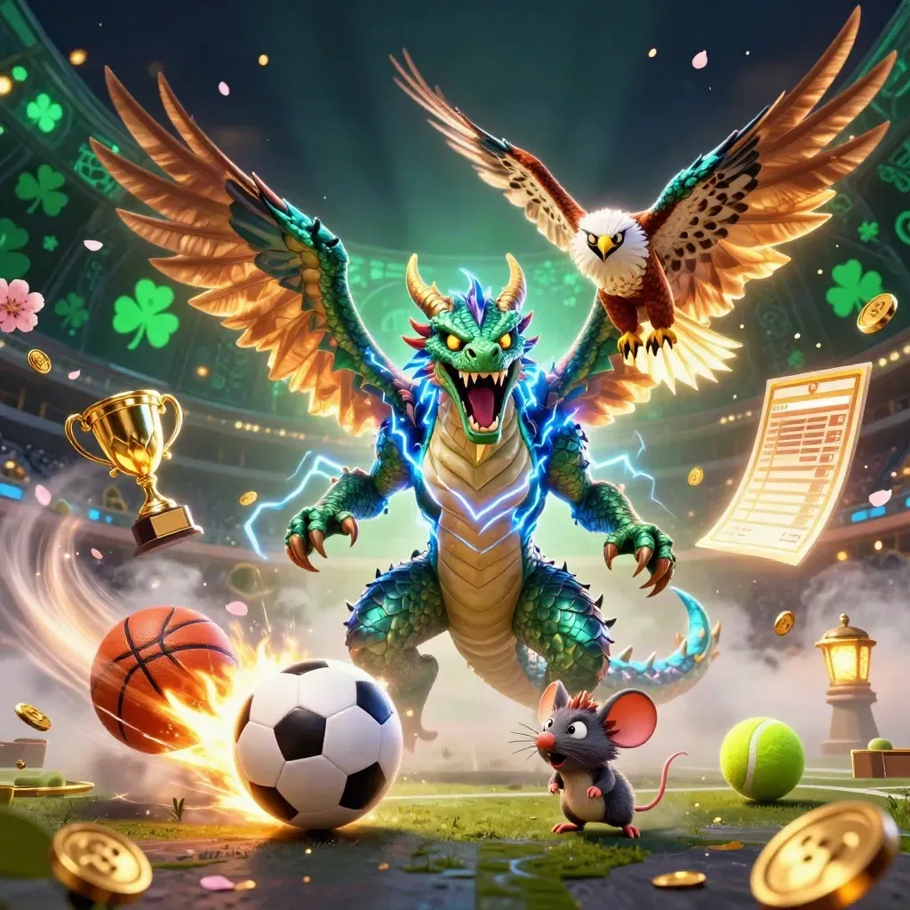 Thunder dragon, wind hawk and spark mouse blast past flying balls in a luxe casino sports scene.