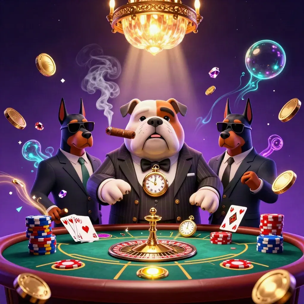 Mobster bulldog and Dobermans in a luxe casino showered in coins, gems, and spinning wheel light.