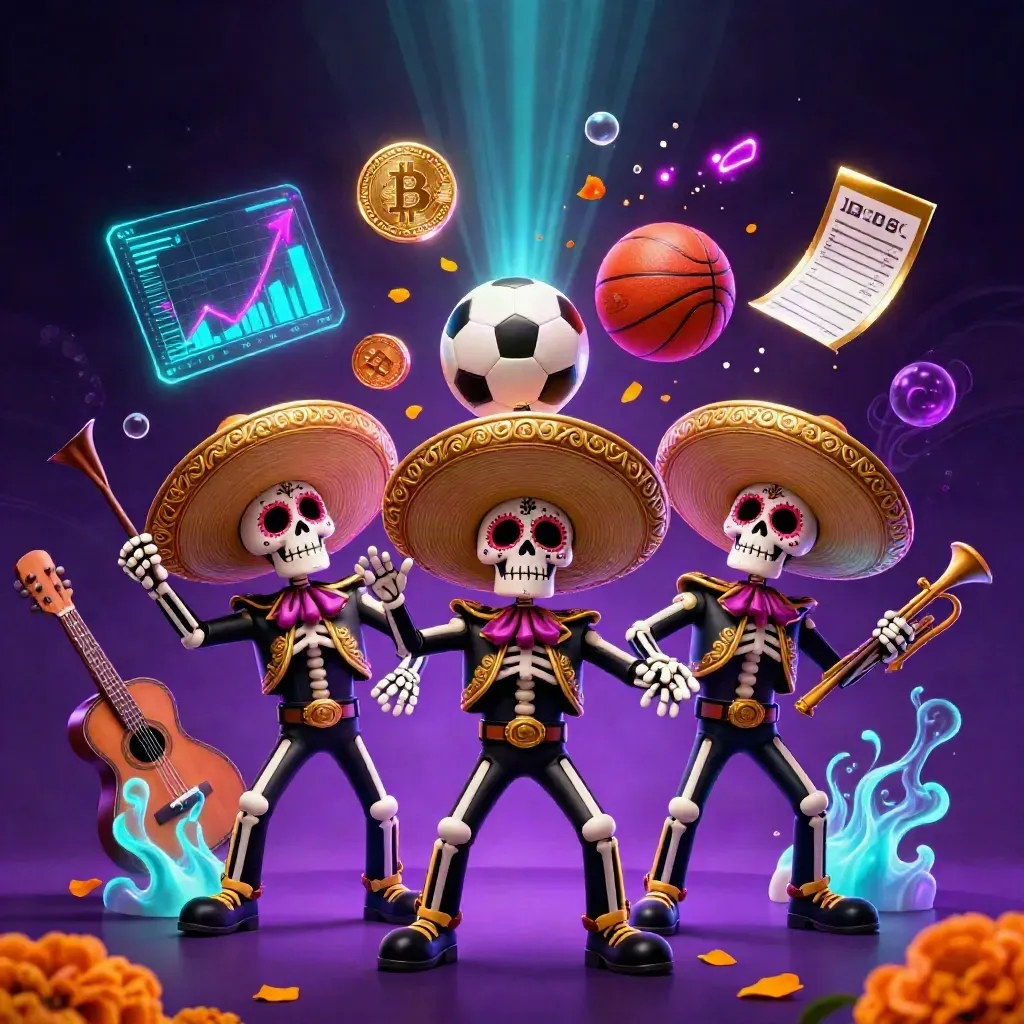 Skeleton mariachi trio with neon coins, soccer ball, basketball and purple casino glow.