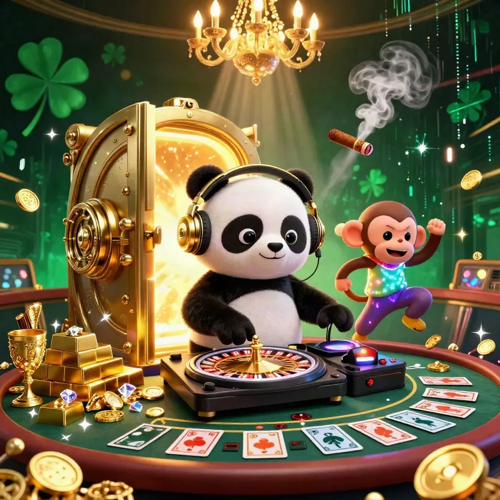 Panda DJ, monkey and glow-stick kitten in a luxe emerald casino with vault, gold and neon effects.
