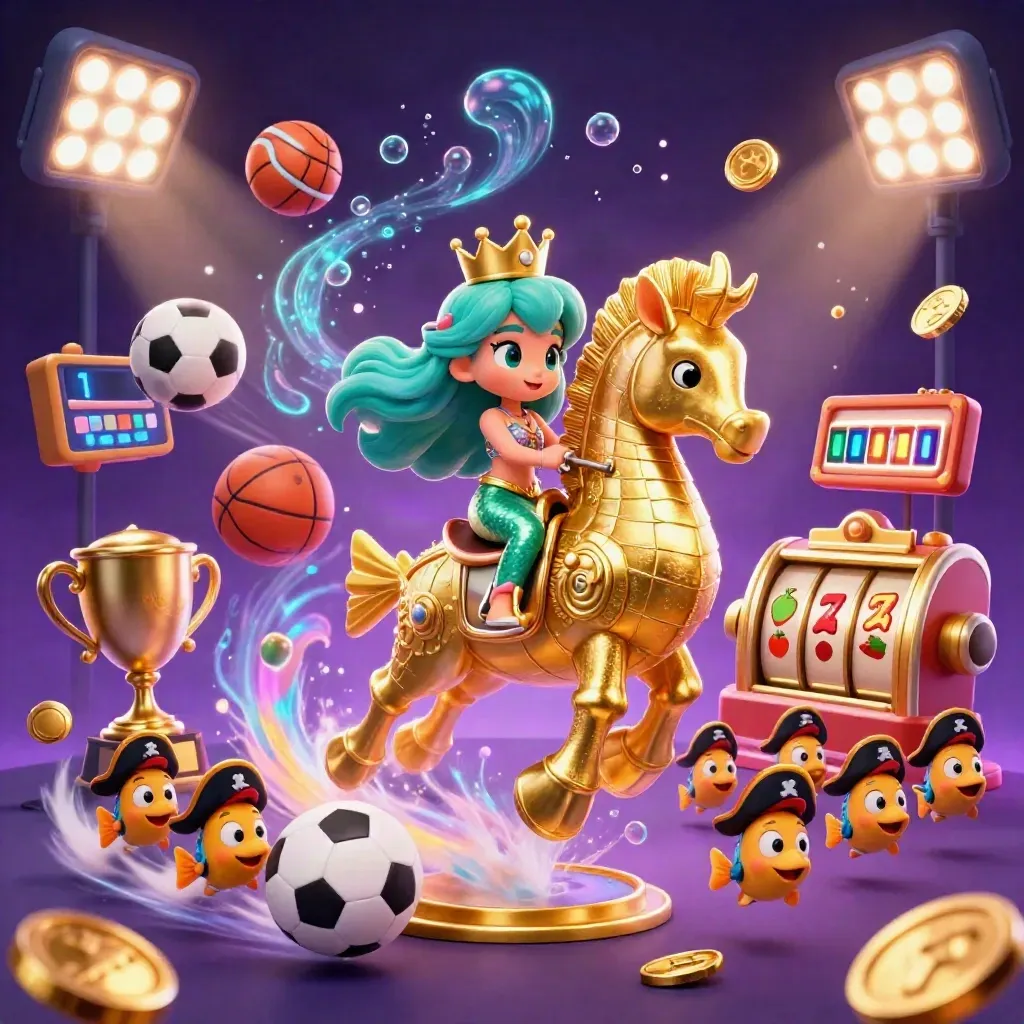 Mermaid princess on a gold seahorse amid pirate fish, coins, sports balls, trophies and neon casino magic.