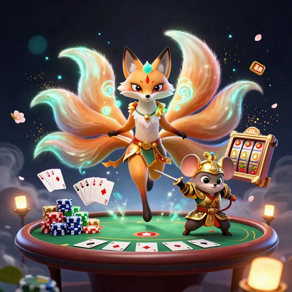 Fox spirit and samurai mouse amid casino chaos, gold, chips, runes, and glowing petals.