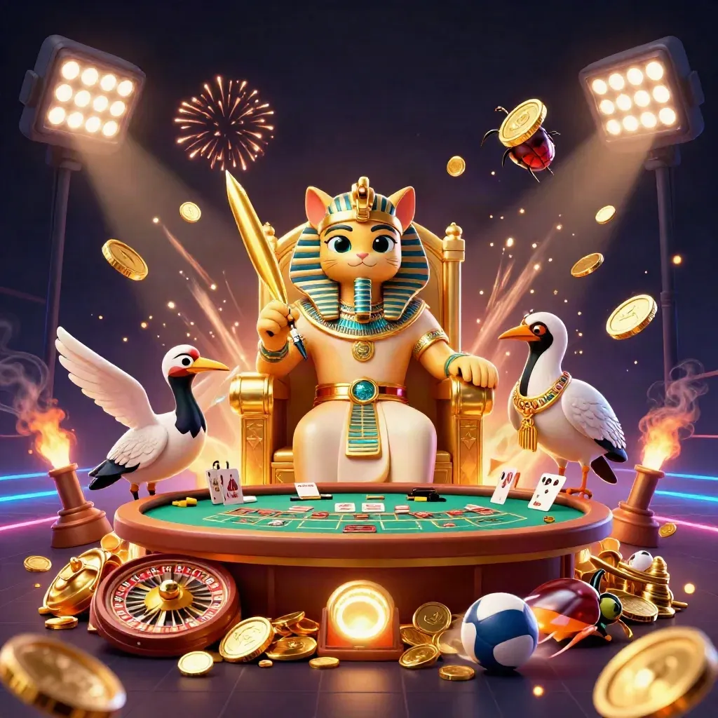 Pharaoh cat, ibis scribe and gem scarabs amid vault coins, roulette wheel, trophies and fireworks.