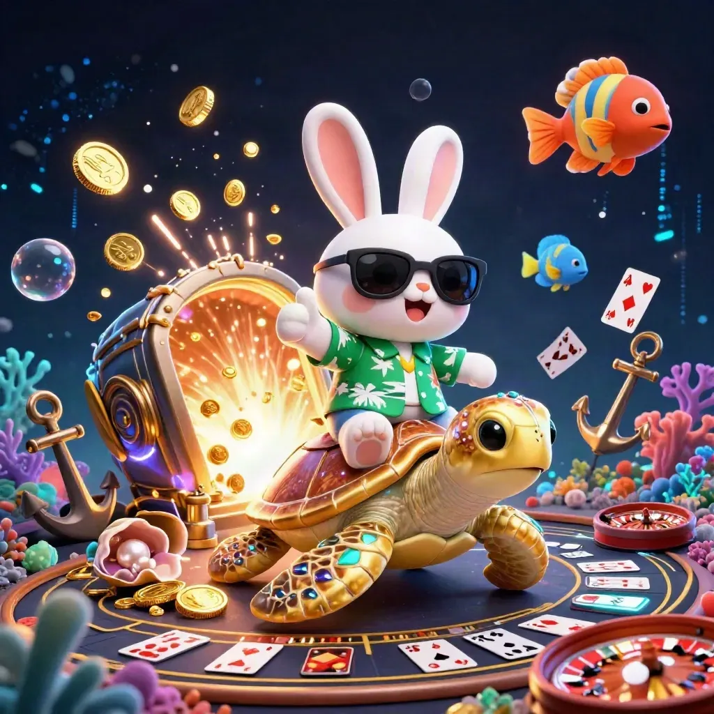 Cartoon rabbit riding a gold turtle in a treasure cove with coins, cards, roulette, and neon effects.