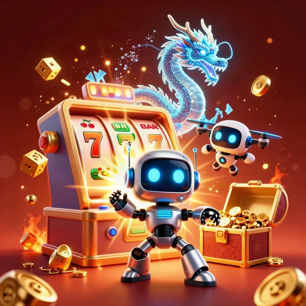 Cyberpunk robot, holographic dragon and coin drone amid jackpot slot burst and gold coins