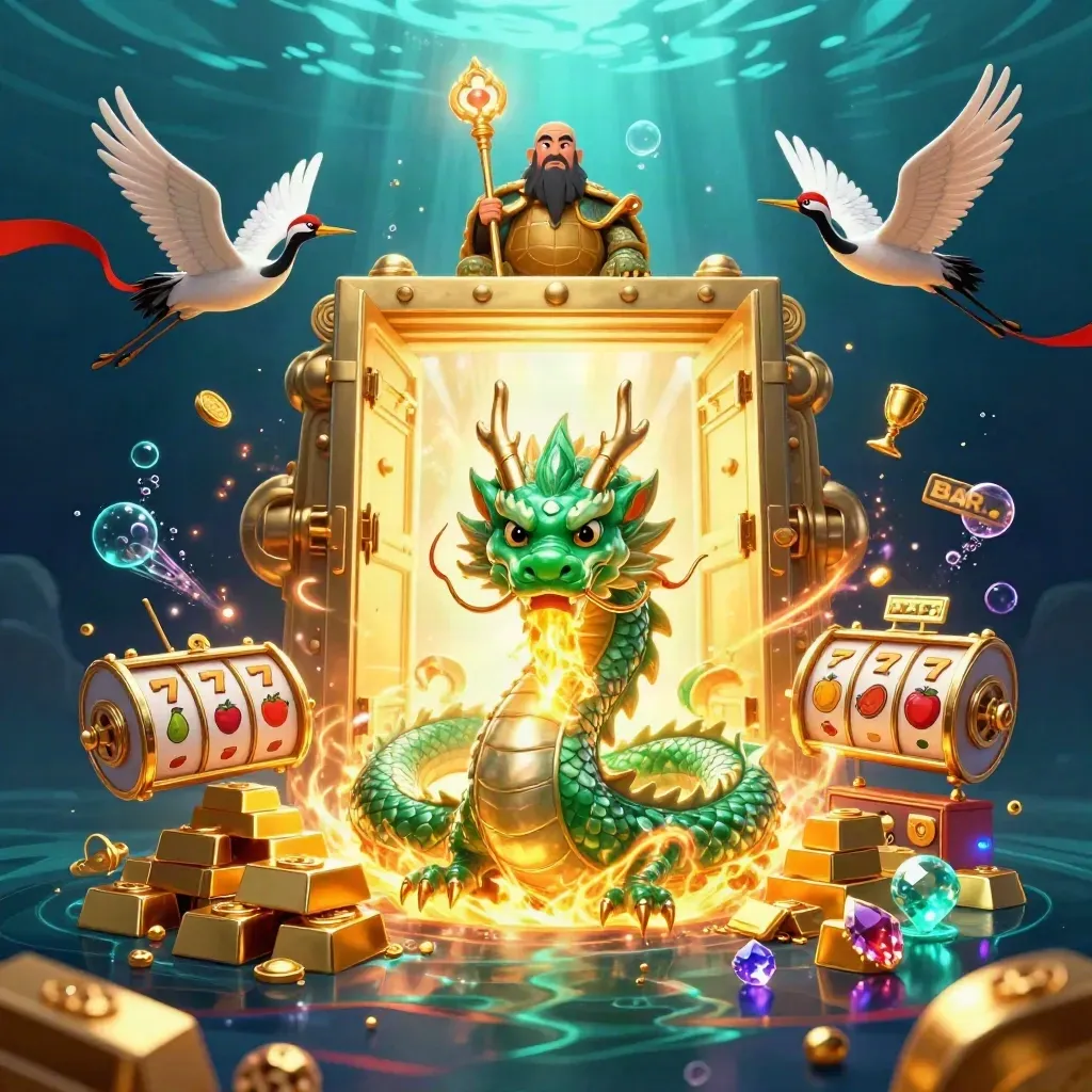 Dragon, turtle sage, and cranes bursting from a golden vault underwater with casino symbols