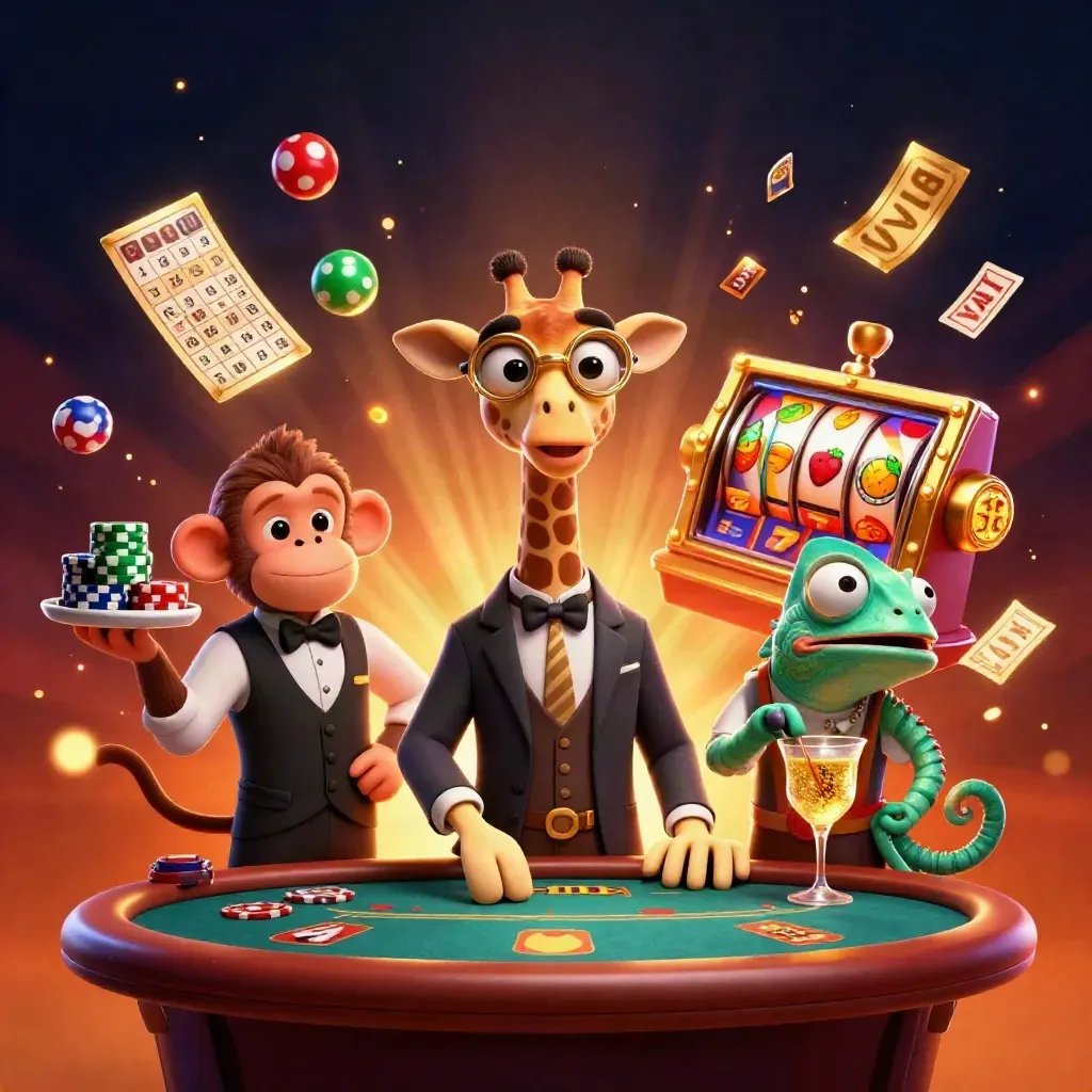 High-roller giraffe, monkey valet, and chameleon bartender amid casino reels and gold sparks.