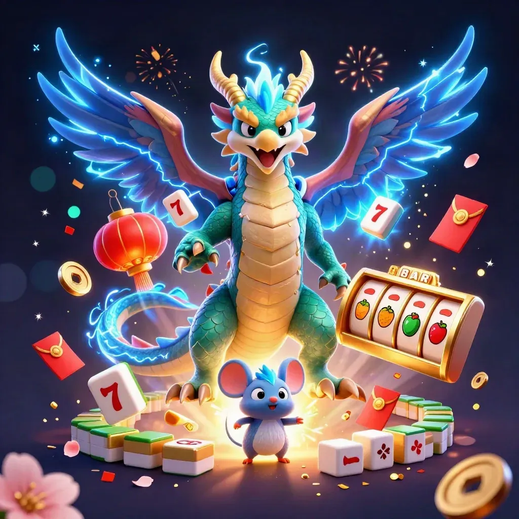 Thunder dragon, wind hawk, and sparking mouse amid jade coins, lanterns, and fireworks on dark navy.